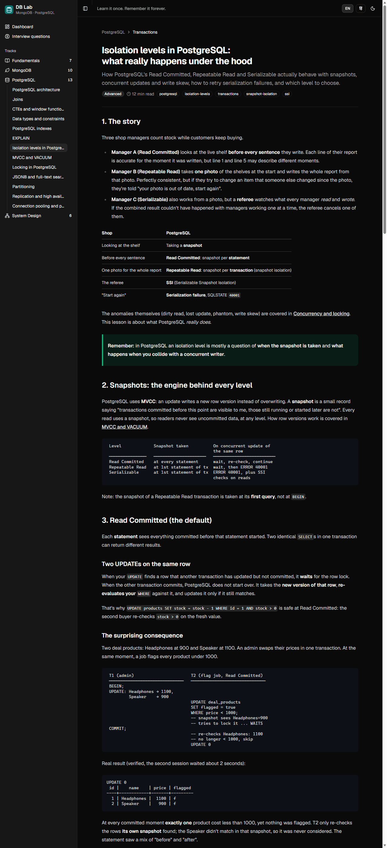 DB Lab lesson page: PostgreSQL isolation levels, with a story, a comparison table and a two-session timeline