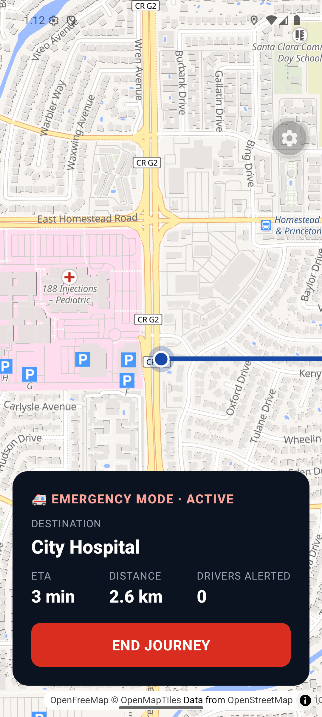 Operator screen: emergency mode active, route to City Hospital, ETA and drivers alerted